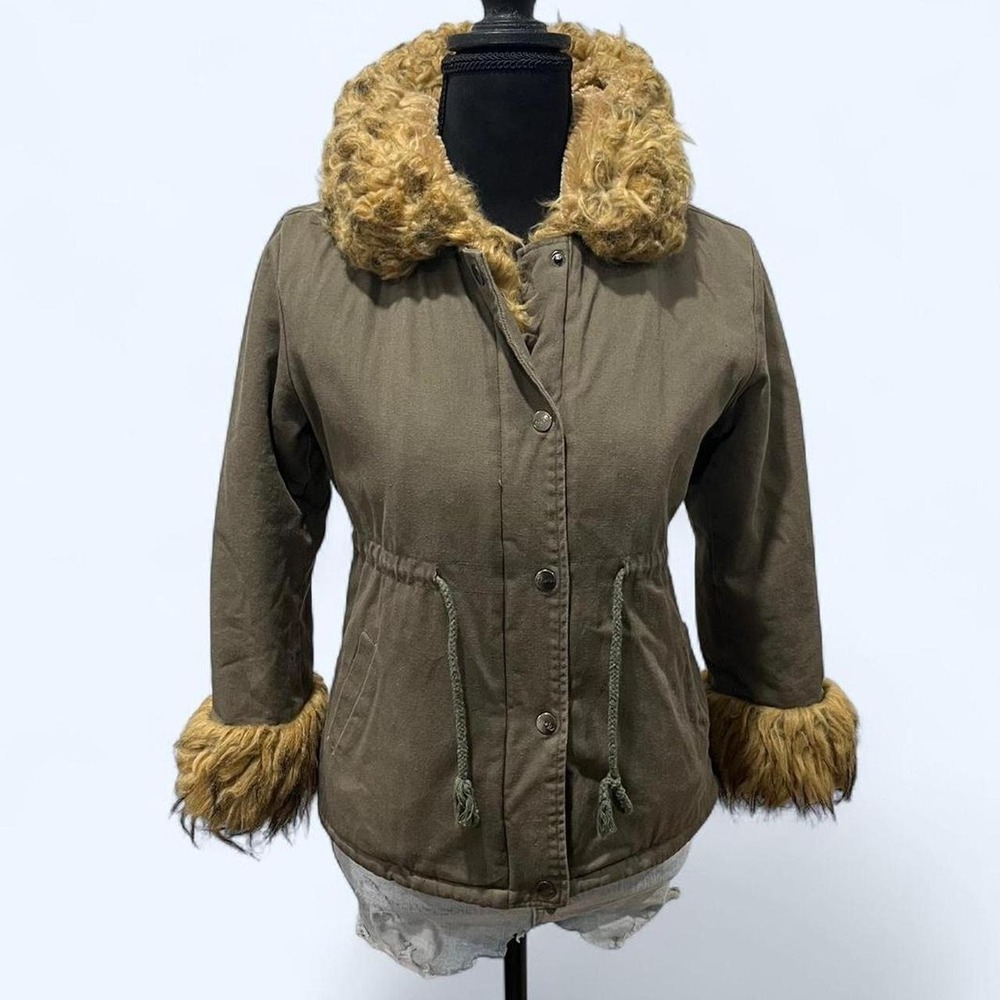 ASA Fashion Group Women Olive Green Faux Fur Trim Hooded Parka Jacket Small